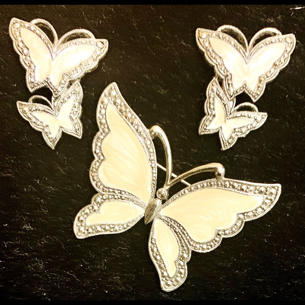 Vintage Yellow Butterfly Brooch and Earrings with marcasite crystals